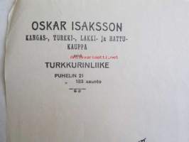 Oscar Isaksson Kangas-turkki-lakki-hattukauppa, Hämeenlinna huhtikuun 5. 1922. -asiakirja