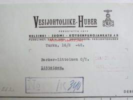 Vesijohtoliike-Huber, Turku 16/2 1942. -asiakirja