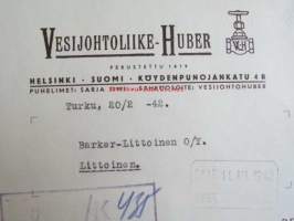 Vesijohtoliike-Huber, Turku 20/2 1942. -asiakirja