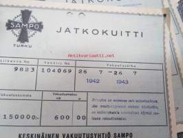 Sampo autovakuutus / vaunuvahinko- ja palovakuutus / Littoinen Oy - jatkokuitteja vv. 1941-44 6 kpl