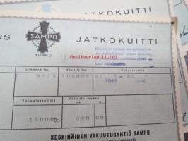 Sampo autovakuutus / vaunuvahinko- ja palovakuutus / Littoinen Oy - jatkokuitteja vv. 1941-44 6 kpl