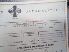 Sampo autovakuutus / vaunuvahinko- ja palovakuutus / Littoinen Oy - jatkokuitteja vv. 1941-44 6 kpl