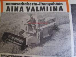 Koneviesti 1972 nr 15 -mm. Fiskarsin Agromat-aura KV:n testissä, Puimurit puntarissa, Näkymiä farmilta Englannista, JCB tehoa ja tuottavuutta kaivureitten