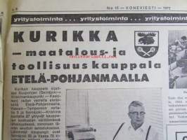 Koneviesti 1972 nr 15 -mm. Fiskarsin Agromat-aura KV:n testissä, Puimurit puntarissa, Näkymiä farmilta Englannista, JCB tehoa ja tuottavuutta kaivureitten