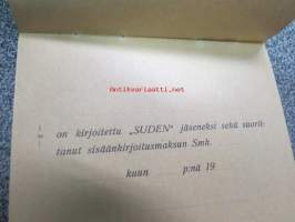 Nousisaisten V. ja U.-seura &quot;Suden&quot; jäsenkirja, käyttämätön jäsenkirja vuodelta 1917