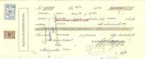 Vekseli  Kangaskeskus Oy 13 123,65 mk / 10 mk 10 p veromerkki  KOP  1926