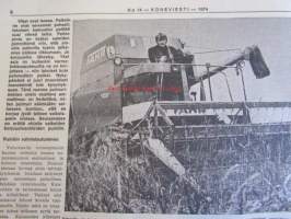 Koneviesti 1974 nr 14 -mm. Puimurisuunnittelijan puheenvuoro, Lakoviljan puinti, Kuivurin kunnostus, Maatalouskaupan puheenvuoro, Tuorerehu muovisäkkiin,