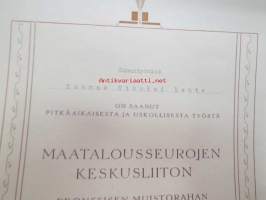 Maatalousseurojen Keskusliiton pronssinen muistoraha -myöntökirja Tuomas Nikolai Lehto 1953