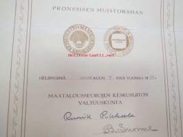 Maatalousseurojen Keskusliiton pronssinen muistoraha -myöntökirja Tuomas Nikolai Lehto 1953