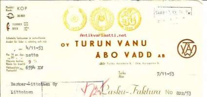 Turun Vanu Oy Turku  7.11.1953  - firmalomake