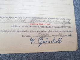 Höyrylaiva &quot;Fenno&quot; Turku-Nauvo 26.9.194? -konossomentti