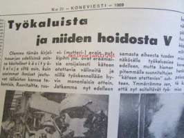 Koneviesti 1969 nr 21 -mm. Suuren lännen karjataloutta, Lannoitanko keväällä vai syksyllä, Lietelannasta puheenollen, Leikkuupuimurit säilytyskuntoon,