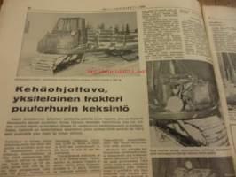 Koneviesti 1969 / 1. 13.1.1969.sis mm,.Kotimainen monitoimikone karsii ja katkoo.TR-hydopankko.Kehäohjattava yksitelainen traktori puutarhurin