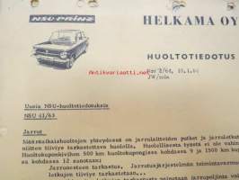 NSU / Helkama Oy:n maahantuomien autojen huoltotiedotuksia, myyntikurssi, varaosahinnasto yms. NSU-autojen maahantuontiin ja jälleenmyyntiin liittyvää, 4 cm nippu