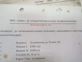 NSU / Helkama Oy:n maahantuomien autojen huoltotiedotuksia, myyntikurssi, varaosahinnasto yms. NSU-autojen maahantuontiin ja jälleenmyyntiin liittyvää, 4 cm nippu