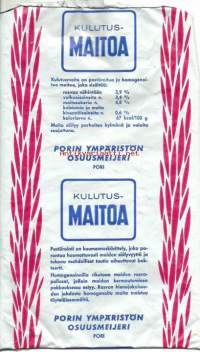 Kulutusmaitoa, maitopussi, muovipussi avattu tuotepakkaus, 1960-70