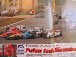 Vauhdin Maailma 2004 nr 6 -mm. SCR-SM Kouvola, KRC-SM Suonenjoki, RC-EM Portugali &amp; Ranska, Rata-SM Alastaro, Formula 1 Espanja, Monaco &amp; Saksa, Ralli-MM Kypros,