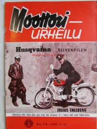 Moottori-urheilu 1960 nr. 7-8 -mm.  David Bickers varmisti EM-arvonsa Ruotsin GP:ssä, Maria Kaizer euroopanmestari, bSA 250 cc C15 -moottoripyörä, Husqvarna