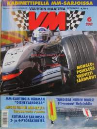 Vauhdin Maailma 2002 nr 6 -mm. Formula 1 Espanja, Itävalta &amp; Monaco, Indy 500, Rata-SM Ahvenisto &amp; Motopark, Kuorma-autojen EM Espanja &amp; Italia, Ralli-MM