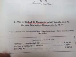 Muovit 1965 / Yhtyneet Muovitehtaat Oy - Oy Wiik &amp; Höglund Ab / Oy Nars Ab -kattava luettelo monenlaisista muoveista; lattialaatoista, seinäpinoitteista,