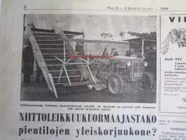 Koneviesti 1959 nr 12, 13.6.1959 sis. mm. seur. artikkelit / kuvat; Haravakuljetin, tuorerehusäilöntää, Fiskars aurat, Kesän 1959 heinänkorjuukoneita, Volvo