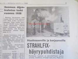 Koneviesti 1959 nr 13 -mm. Autonumero, Auton alusta kösittelyssä, Koepenkki dieselmoottorin ruiskutuspounpun tarkistusaitteena, Mainos Scania Vabis, BMW 600,