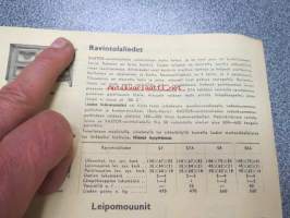 Kastor Oy 1957 huoneenuunit, väliseinäuunit, liedet, keskuslämmitysliedet, tuvanuunit, ravintolaliedet, leipomouunit, kirkkokaminat -myyntiesite
