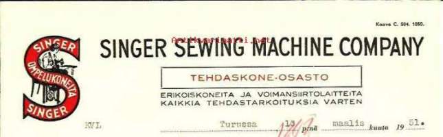 Singer Sewing Machine Co  Tehdaskoneosasto 13.3.1951  - firmalomake