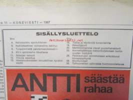 Koneviesti 1967 nr 11 -mm.  Keinokastelu ajankohtainen, Hydrostaattinen voimansiirto kehittyy, Tulipalokiirettä palotarkastuksissakin, KV:n opintokerho