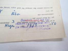 Undertecknad, förande ångfartyget M/S Sandels nu liggande i Nagu.... från Moritz Erikssons Eftr. mottagit.... 14.9.1950 -konossementti / laivarahtikirja
