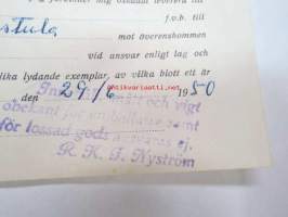 Undertecknad, förande ångfartyget M/S Sandels nu liggande i Nagu.... från Moritz Erikssons Eftr. mottagit.... 29.6.1950 -konossementti / laivarahtikirja