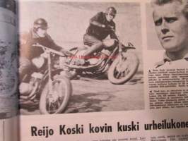 Moottoriurheilu 1964 nr 6-7 -mm. Esikoe takana ja tulikoe edessä, Suomi Pohjolan paras, Reijo Koski kovin kuski urheilukoneilla, Taistelu SM-pisteistä loi hengen,