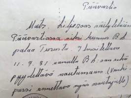 Helsingin Komendanttivirasto 10.7.1931 / Vartiopäällikkö - Päävartio - Matruusi Liljeruus säilytetään pPäävartiossa siksi kunnes RT? palaa Turusta....